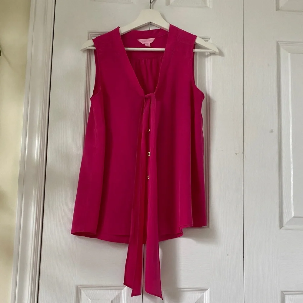 Lilly Pulitzer Raleigh Fuchsia Sleeveless Kitty Bow Blouse in Kissy Pink Small - Picture 5 of 16